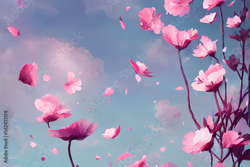 Pink petals flying from flowers in a blue sky field background IA photo