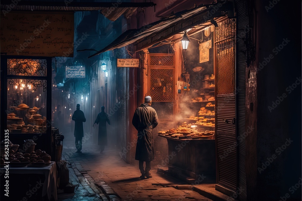 Morocco street at night. Generative AI Morocco street at night. Generative AI