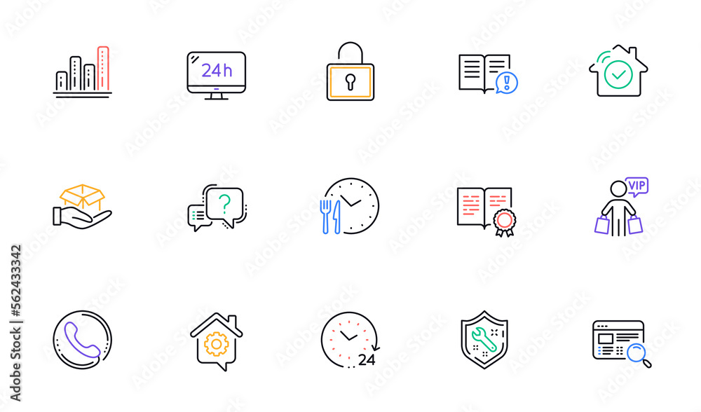 Spanner, Hold box and 24h service line icons for website, printing. Collection of Work home, Graph chart, Certificate icons. Facts, Question mark, Food time web elements. Vip shopping. Vector Spanner, Hold box and 24h service line icons for website, printing. Collection of Work home, Graph chart, Certificate icons. Facts, Question mark, Food time web elements. Vip shopping. Vector