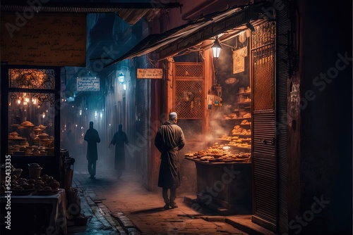 Morocco street at night. Generative AI © Kanachi Graphics