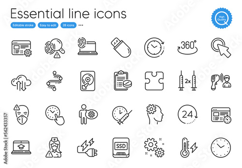 Full rotation, Fingerprint and Timeline line icons. Collection of Coronavirus vaccine, Web settings, Website education icons. Hdd, Click here, Time change web elements. Nurse, 24 hours. Vector