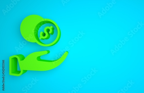 Green Donation hand with money icon isolated on blue background. Hand give money as donation symbol. Donate money and charity concept. Minimalism concept. 3D render illustration