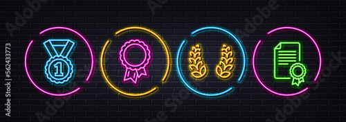 Success, Best rank and Laurel wreath minimal line icons. Neon laser 3d lights. Certificate icons. For web, application, printing. Award reward, Success medal, Laureate reward. Diploma. Vector