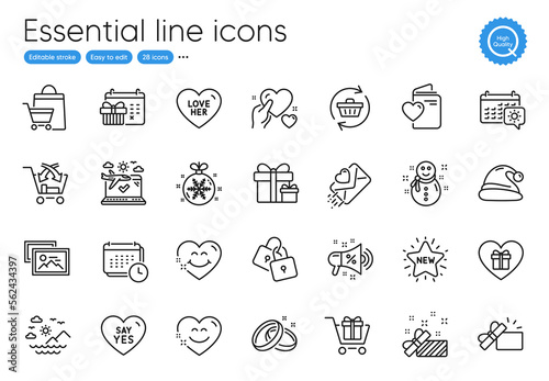 Sea mountains, Locks and Christmas calendar line icons. Collection of Snowman, Opened gift, Hold heart icons. Sale bags, New star, Cross sell web elements. Smile face, Shopping cart, Calendar. Vector