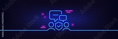 Neon light glow effect. Security agency line icon. Body guards sign. Private protection symbol. 3d line neon glow icon. Brick wall banner. Security agency outline. Vector