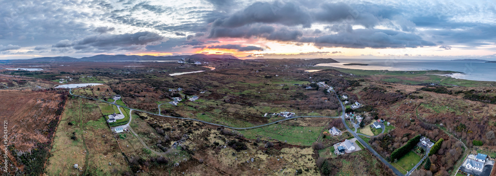 Aerial view of amazing sunrise at Lough Fad by Portnoo in County Donegal.