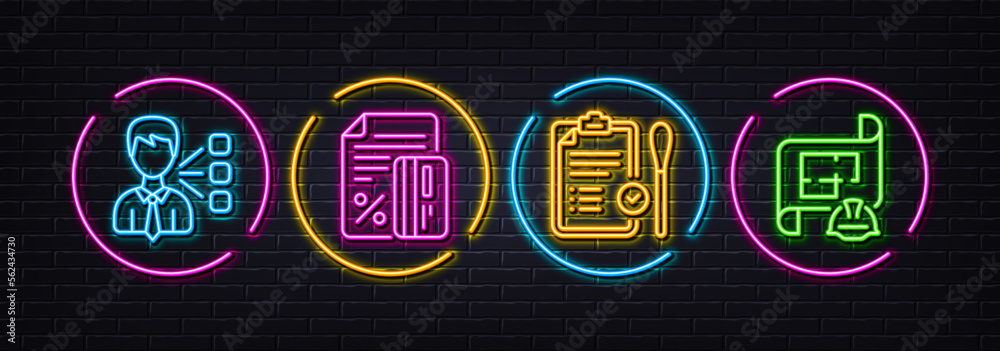 Nasal test, Credit card and Third party minimal line icons. Neon laser 3d lights. Engineering plan icons. For web, application, printing. Covid testing, Loan percent, Team leader. Vector