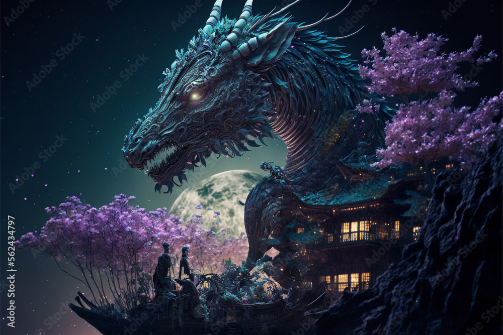 dragon in the night Generative AI  - obrazy, fototapety, plakaty 