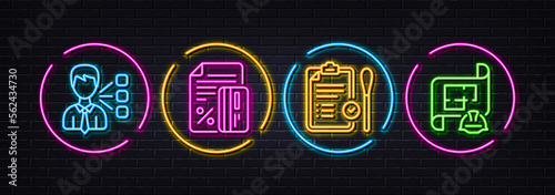 Nasal test, Credit card and Third party minimal line icons. Neon laser 3d lights. Engineering plan icons. For web, application, printing. Covid testing, Loan percent, Team leader. Vector