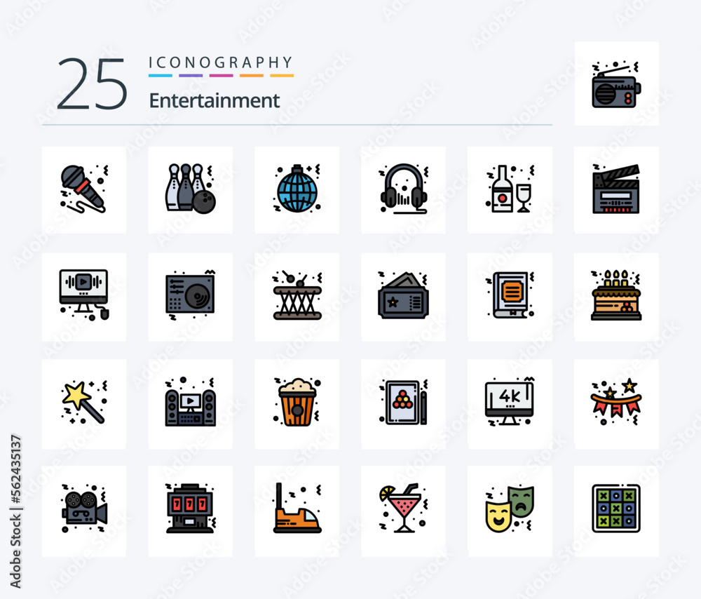 Entertainment 25 Line Filled icon pack including audio. headphone. sport. world. hang