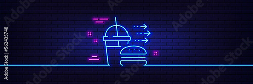 Neon light glow effect. Food delivery line icon. Cheeseburger with Soft drink sign. Catering service symbol. 3d line neon glow icon. Brick wall banner. Food delivery outline. Vector