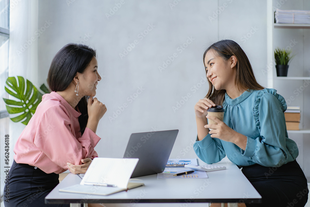Two Asian female business colleagues meeting for a professional investor meeting at work and discussing a new marketing business strategy project. Two Asian female business colleagues meeting for a professional investor meeting at work and discussing a new marketing business strategy project.