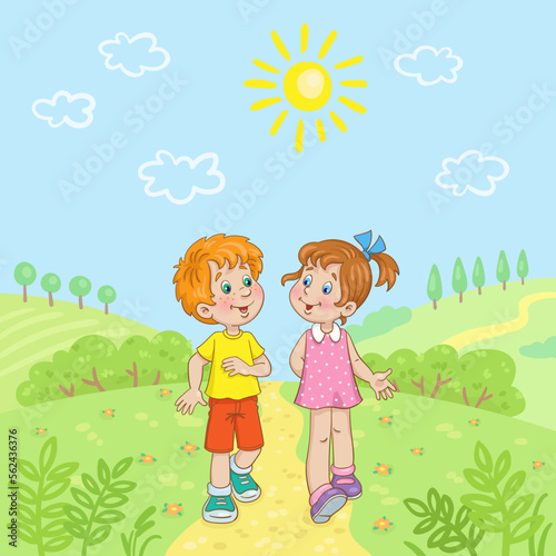 Funny boy and cute girl are walking along the road and talking. In cartoon style. Summer landscape background. Vector illustration
