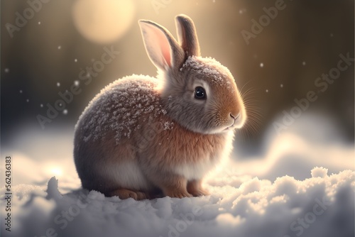 cute bunny rabbit in snow, beautiful bunny in snow, bokeh background, cinematic lighting, rabbit in winter
