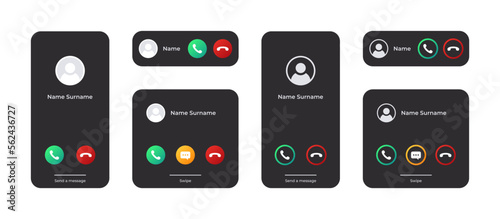 Interface incoming call. Mobile phone call screen. Communication signs. Vector images
