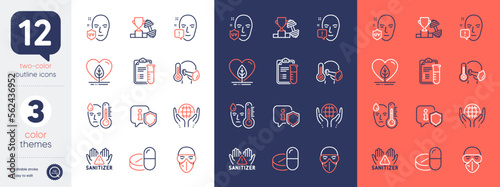 Set of Medical drugs, Medical analyzes and Sick man line icons. Include Organic tested, Local grown, Clean hands icons. Face attention, Shield, Fever web elements. Uv protection, Dumbbell. Vector