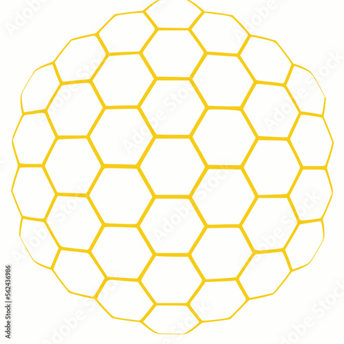 wabe als grafik aus 37 gelben sechsecken in art einer bienenwabe kugelförmig gewölbt angeordnet 