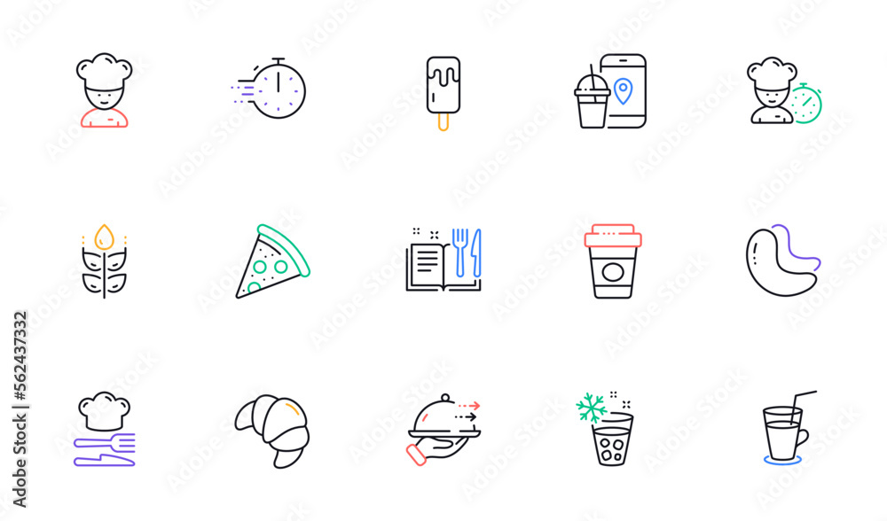 Food app, Recipe book and Ice cream line icons for website, printing. Collection of Food, Cocktail, Cashew nut icons. Pizza, Chef, Takeaway coffee web elements. Cooking chef. Vector