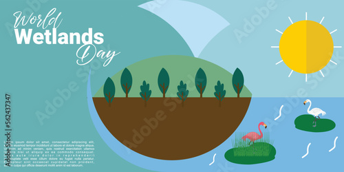 World Wetlands Day theme. Postcard or banner with a map cut out in paper, the branches of reeds and reminding an inscription. The date of the event is 2 February. Vector illustration.