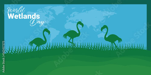 World Wetlands Day theme. Postcard or banner with a map cut out in paper  the branches of reeds and reminding an inscription. The date of the event is 2 February. Vector illustration.