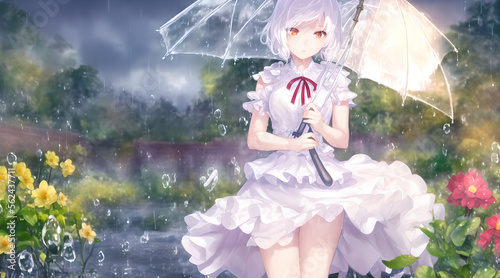 Sexy anime japanese light white dress under umbrella
