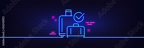 Neon light glow effect. Airport baggage reclaim line icon. Airplane check in luggage sign. Flight checked bag symbol. 3d line neon glow icon. Brick wall banner. Baggage reclaim outline. Vector