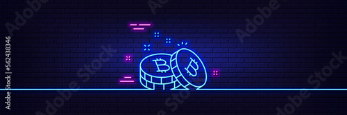 Neon light glow effect. Bitcoin line icon. Cryptocurrency coin sign. Crypto money symbol. 3d line neon glow icon. Brick wall banner. Bitcoin outline. Vector