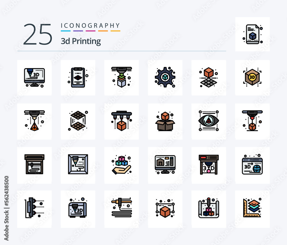 3d Printing 25 Line Filled icon pack including shape. cube. printer. 3d. printing
