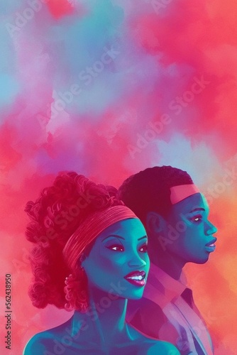 AI-Generated Image of an African American Couple in Love. Watercolor Portrait 