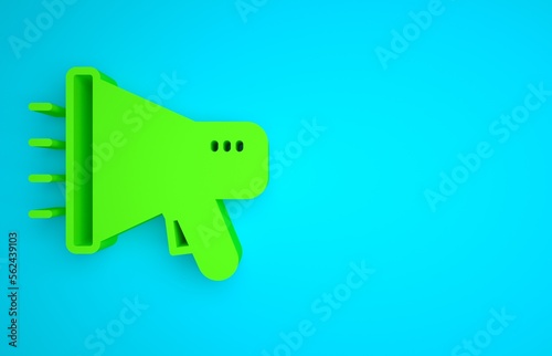 Green Megaphone icon isolated on blue background. Speaker sign. Minimalism concept. 3D render illustration photo