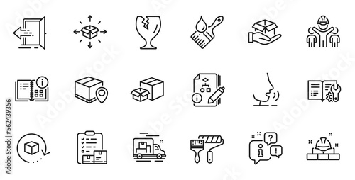 Outline set of Hold box, Brush and Packing boxes line icons for web application. Talk, information, delivery truck outline icon. Include Entrance, Engineering team, Parcel tracking icons. Vector