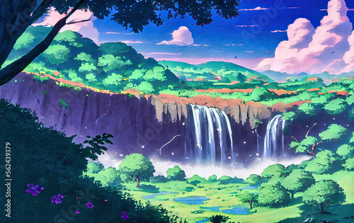 Anime Painting Of A Landscape With Green Hills  Waterfalls  And Trees In Summer Time. Generative AI Illustration