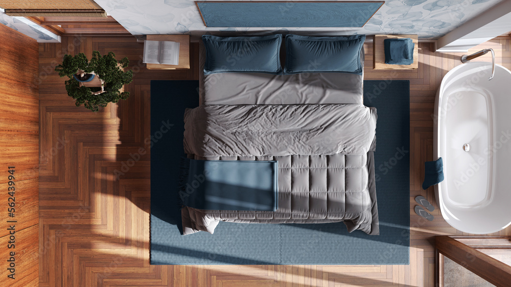 Contemporary wooden bedroom with bathtub in white and blue tones ...