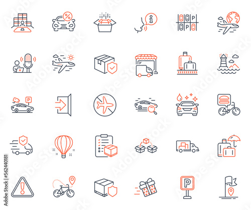 Transportation icons set. Included icon as Truck transport, Parcel checklist and Present delivery web elements. Search car, Delivery truck, Transport insurance icons. Luggage insurance. Vector