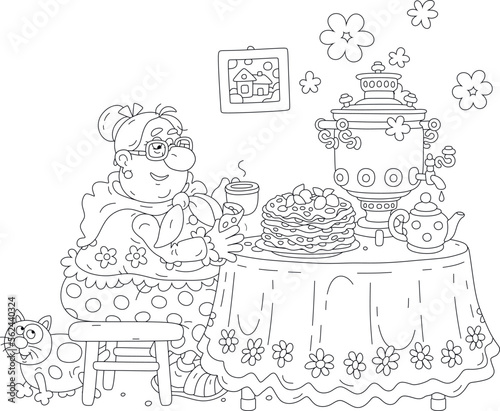 Funny chubby housewife and a merry cat sitting at their kitchen table with a beautiful tablecloth, a teapot and a hot samovar and drinking tea with tasty freshly baked pancakes, vector cartoon