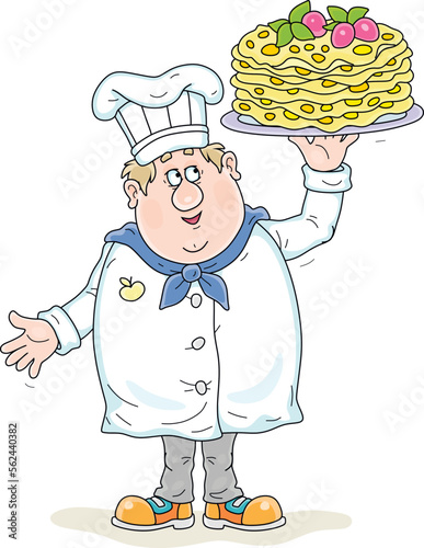 Happy chubby cook in a chef hat holding a platter with freshly baked tasty sweet pancakes for a holiday treat, vector cartoon illustration isolated on a white background