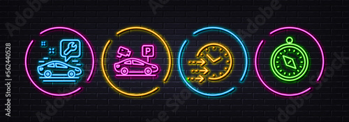 Car service, Delivery time and Parking security minimal line icons. Neon laser 3d lights. Travel compass icons. For web, application, printing. Repair service, Express shipping, Video camera. Vector