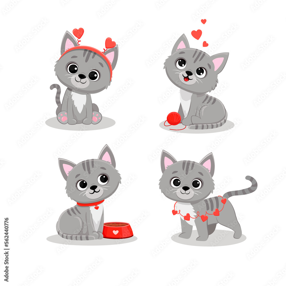 Set of funny cartoon cats.Cute gray kitten in different poses for your disign. Valentine's day card. 