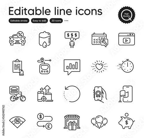 Set of Business outline icons. Contains icons as Drop counter, 5g wifi and Car leasing elements. Cooking timer, Piggy bank, Spanner web signs. Gift shop, Heart, Video content elements. Vector