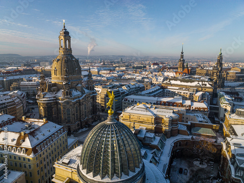 Aerial drone shot from Dresden in the winter