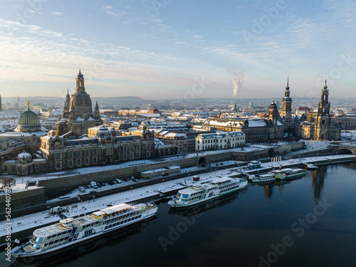 Aerial drone shot from Dresden in the winter