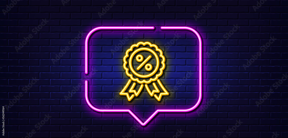 Neon light speech bubble. Discount medal line icon. Sale offer sign. Promotion price award symbol. Neon light background. Discount medal glow line. Brick wall banner. Vector Neon light speech bubble. Discount medal line icon. Sale offer sign. Promotion price award symbol. Neon light background. Discount medal glow line. Brick wall banner. Vector