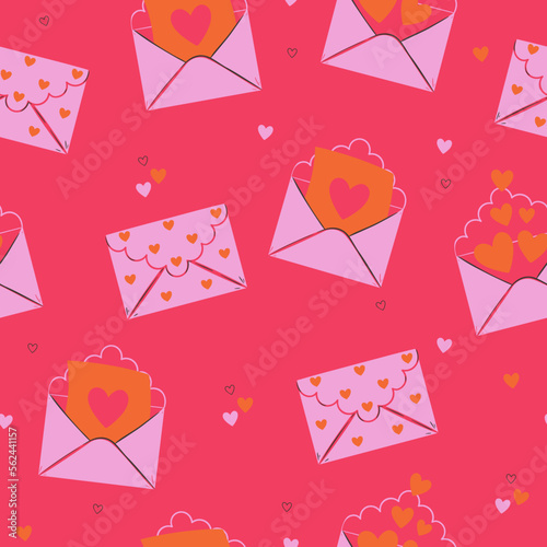 Seamless pattern with envelopes and hearts. Vector graphics.