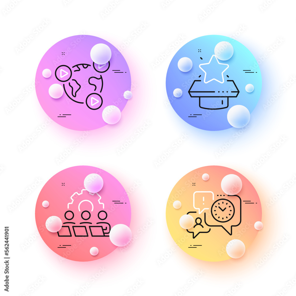 Teamwork, Time management and Winner podium minimal line icons. 3d spheres or balls buttons. Video conference icons. For web, application, printing. Remote work, Office chat, First place. Vector Teamwork, Time management and Winner podium minimal line icons. 3d spheres or balls buttons. Video conference icons. For web, application, printing. Remote work, Office chat, First place. Vector