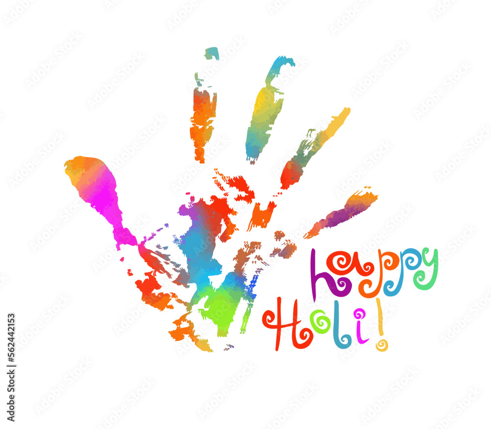 Holi festival poster wishing card design with splash of colors, handprint and massage Holi festival poster wishing card design with splash of colors, handprint and massage