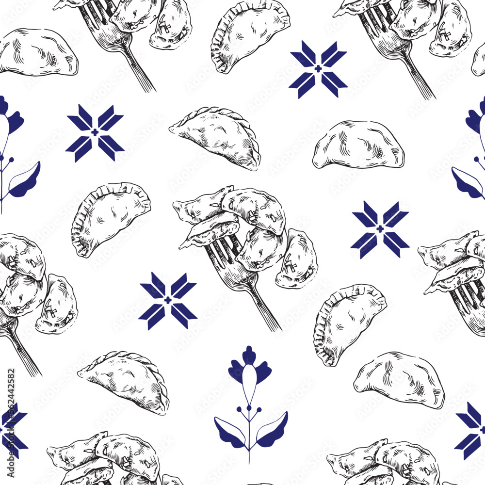 Obraz premium Pattern. National Ukrainian cuisine, vareniks, sketch vector, isolate on white.