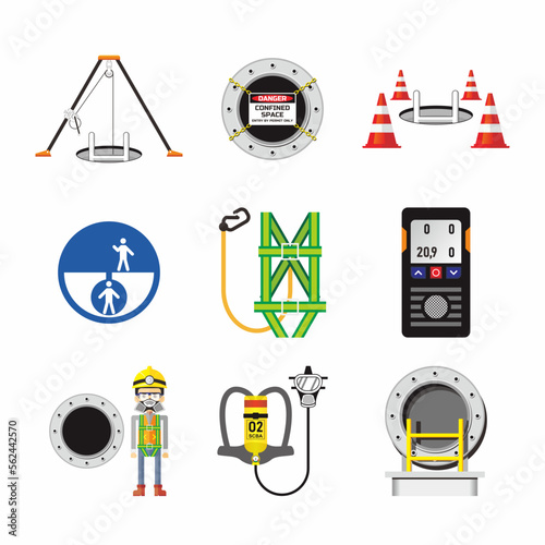 Set of colorful confined space work safety equipment and tools.
