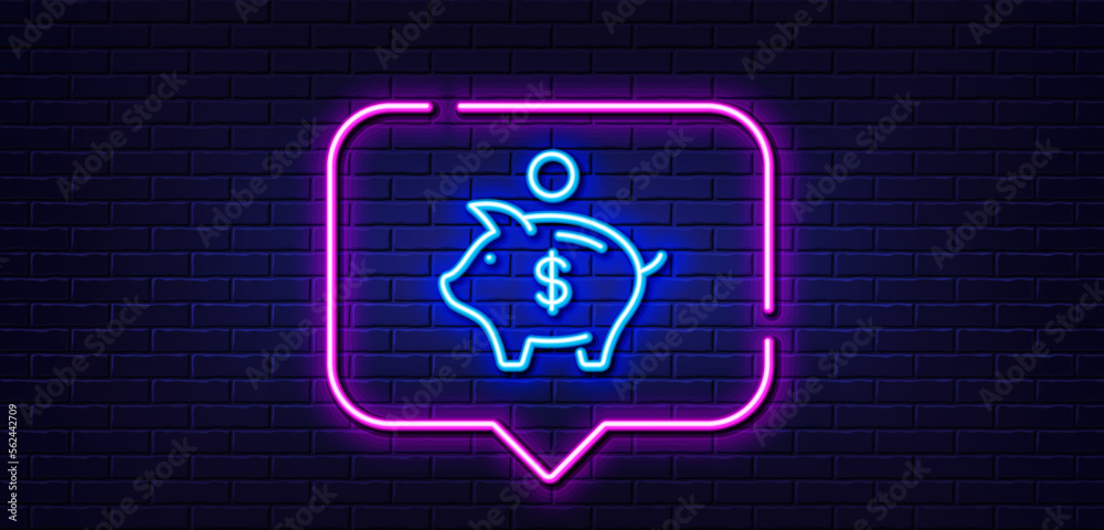 Neon light speech bubble. Piggy bank line icon. Coins money sign. Business savings symbol. Neon light background. Piggy bank glow line. Brick wall banner. Vector