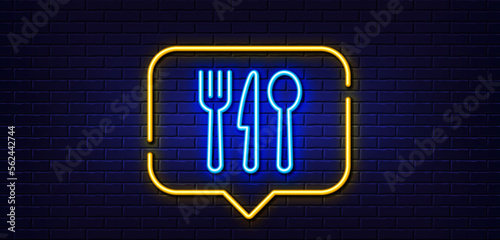Neon light speech bubble. Food line icon. Cutlery sign. Fork, knife, spoon symbol. Neon light background. Food glow line. Brick wall banner. Vector