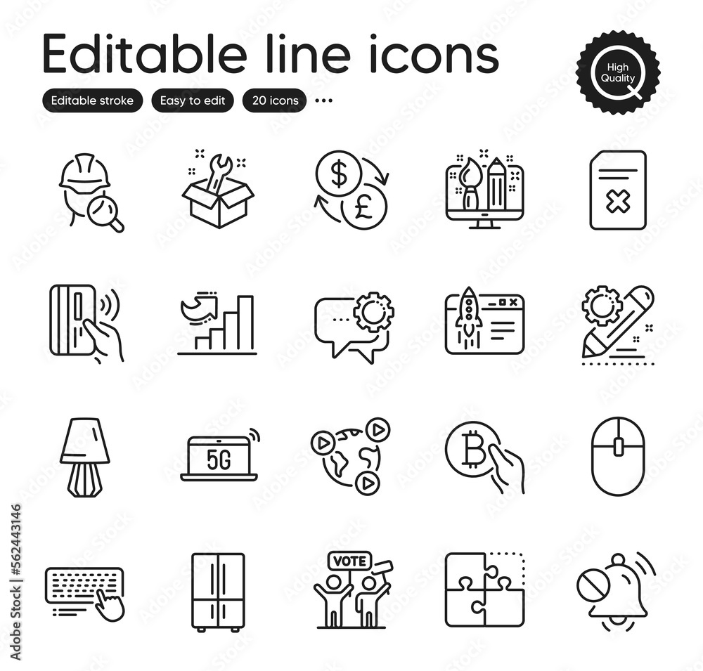 Set of Technology outline icons. Contains icons as Computer mouse, Creative design and Voting campaign elements. Table lamp, Inspect, Bitcoin pay web signs. Puzzle, Growth chart. Vector Set of Technology outline icons. Contains icons as Computer mouse, Creative design and Voting campaign elements. Table lamp, Inspect, Bitcoin pay web signs. Puzzle, Growth chart. Vector